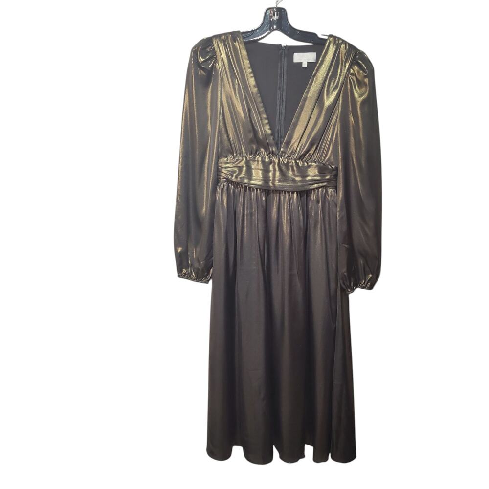 Wayf Sz S Gold Bronze Metallic Long Sleeve Midi Party Dress V Neck Fit and Flare